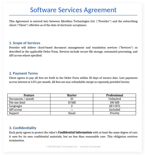 Software services agreement document in English before translation